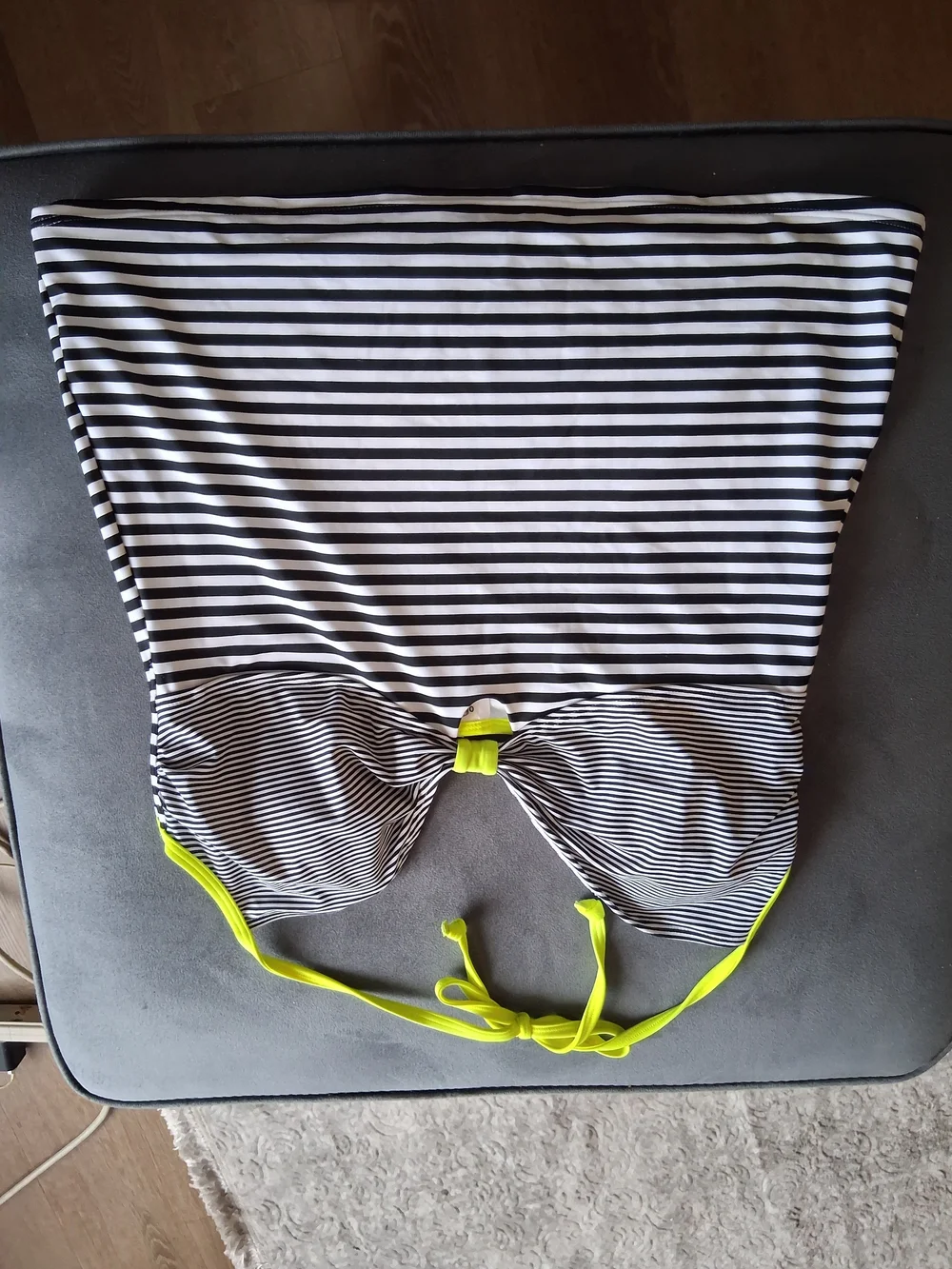 Black & White Striped Bandeau Bikini Top with Neon Yellow Trim